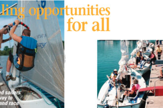 Facing page: The Courage Center uses the Hoyer lift to transfer disabled sailors. This page: The Judd Goldman Adaptive Sailing Program uses movable benches to transfer sailors from wheelchairs to boats.