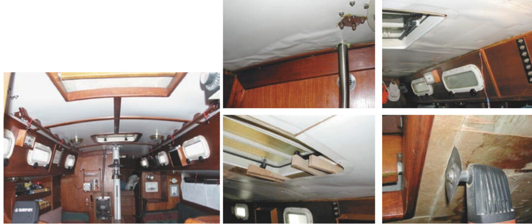 The finished headliner, at left, on Sailor’s Joy makes the initial hard work all worthwhile. The top photos on the facing page tell the tale of leaks and damaged headliner. The bottom photos show wedges to help remove the headliner, at left, and a saw blade used to make the pieces a manageable size, at right.