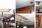 The finished headliner, at left, on Sailor’s Joy makes the initial hard work all worthwhile. The top photos on the facing page tell the tale of leaks and damaged headliner. The bottom photos show wedges to help remove the headliner, at left, and a saw blade used to make the pieces a manageable size, at right.