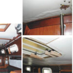 The finished headliner, at left, on Sailor’s Joy makes the initial hard work all worthwhile. The top photos on the facing page tell the tale of leaks and damaged headliner. The bottom photos show wedges to help remove the headliner, at left, and a saw blade used to make the pieces a manageable size, at right.