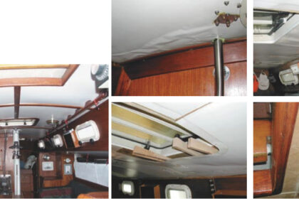 The finished headliner, at left, on Sailor’s Joy makes the initial hard work all worthwhile. The top photos on the facing page tell the tale of leaks and damaged headliner. The bottom photos show wedges to help remove the headliner, at left, and a saw blade used to make the pieces a manageable size, at right.