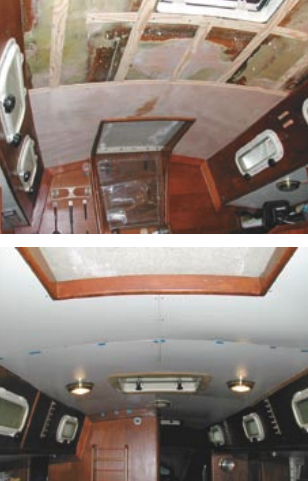 Gerry created a fair surface for the new headliner by starting with 1⁄4-inch battens, at left. The nearly completed headliner awaits the installation of trim, below.