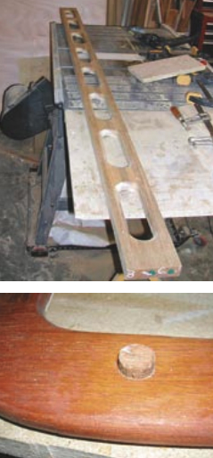 Gerry made new handrails, at left, as the original rails were thin and damaged. He reused the old overhead trim, fixing the old holes by plugging them and chiseling the plugs flat, below.