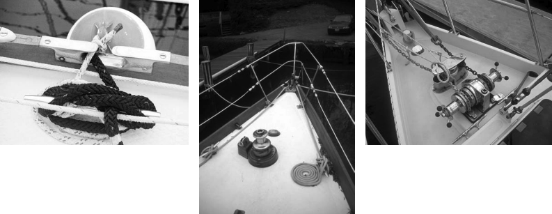 Silk’s spring cleat, at left, can hold two oversized lines in proper figure eights and has a solid chock that leads lines fair from any angle. Anchoring platform on a Hood 50, above, a 50-foot fiberglass boat used for coastal sailing and racing. Anchoring platform on a Waterline 48, at right, a 48-foot steel boat that has completed two Pacific circles.