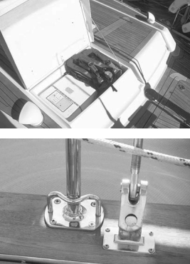 Strong, positively locking cockpit locker with drainage channels, top. Stanchion bases mounted on the toerail, above.