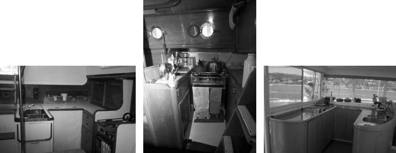 Cal 39 galley, at left. Tartan 34 galley, center. Custom 52-foot catamaran galley, at right.