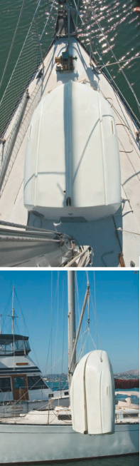 Even though their boat is 40 feet long, the Kinneys’ dinghy could not be longer than 81⁄2 feet. At 7 1⁄2 feet, the Portland Pudgy leaves a little space for working the windlass and headsails, above. At 128 pounds, Pudgy is too heavy to launch and retrieve by hand over the life lines, but using a halyard and bridle, it’s easily raised with a winch, below.