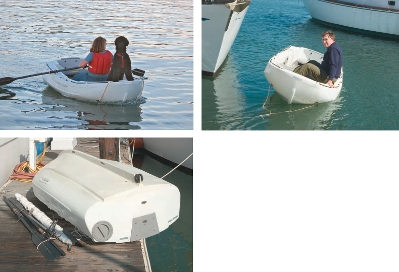 High freeboard helps keep water out. With just one person — and maybe a dog as lookout — the transom is slightly elevated, and the dinghy skims along easily, at left above. With two, the transom is immersed and the boat is trimmed well. Wide beam and generous buoyancy make Pudgy almost as stable as an inflatable, above. High freeboard helps keep water out. Upside down, at left, you can see the rollers for maneuvering on land, and the twin daggerboard trunks. The sailing rig and oars break down to fit inside the hull.