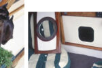 Fletcher, below, a brown Burmese from Cape Town, is Cooee’s ship cat. She grazes on potted grass daily. Jill has made a special hatchboard with a cat hole cutout, below right, just for Fletcher.