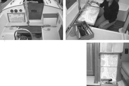 Beth “models” their Ericson Cruising 31’s cockpit navigation setup. It folds away when not in use, at left, or can be spread out for a quick fix, at right. It’s out of the way when stored below also, bottom photo.