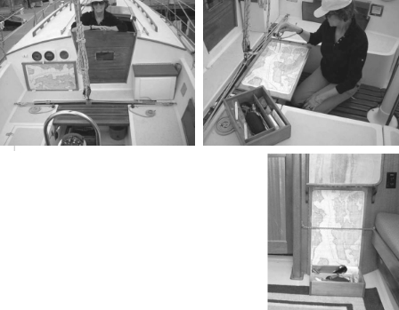 Beth “models” their Ericson Cruising 31’s cockpit navigation setup. It folds away when not in use, at left, or can be spread out for a quick fix, at right. It’s out of the way when stored below also, bottom photo.