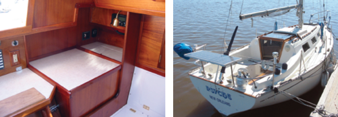 Close-up of the finished navigation station, above left. Psyche, the 1976 Columbia 8.7 owned by Daniel Grant, near Savannah, Georgia, above right.