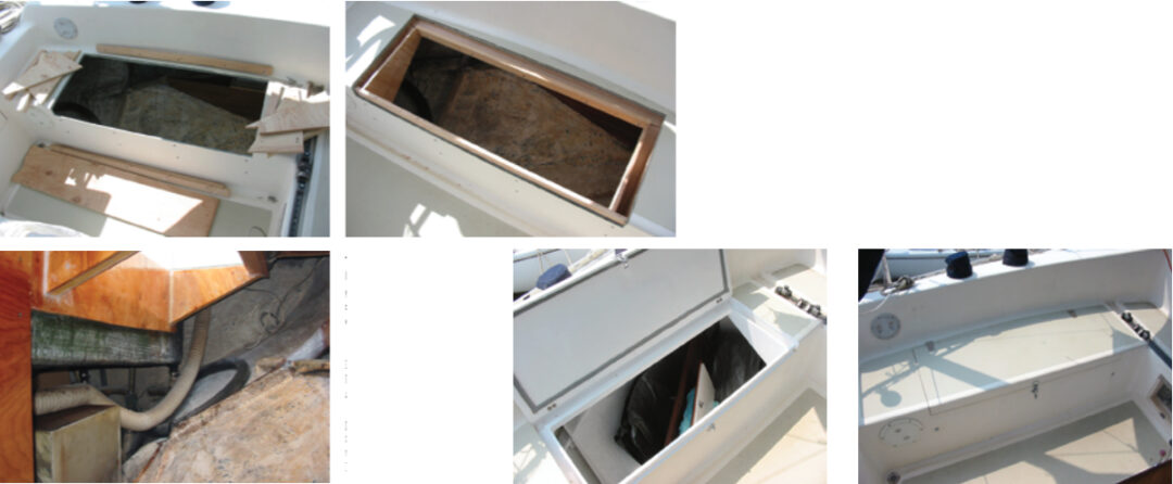 The drainage channels and framing are prepared for installation, top left. The drainage channels and framing ready for epoxy and fiberglass, top right. Looking aft from below with the drainage channels sealed in epoxy, at left. Facing page: The finished locker with the lid open, at left, and with lid closed, at right.