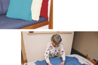 The fleece quillows on Sirius, a J/32 owned by Durkee and Mary Jeanne Richards, caught the editors’ attention a couple of winters ago. They’re handy to have aboard and easy to make. Mary Jeanne shows how, below. A doubled-over piece of material makes the pocket into which the quilt is folded when it becomes a pillow.