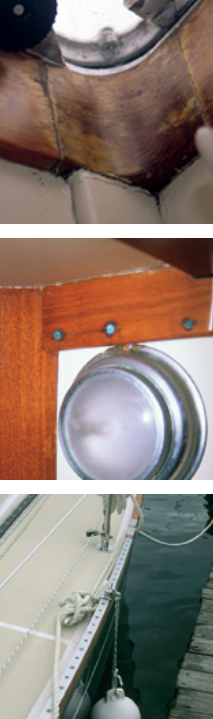 Water damage to wood on a hatch surround, top, almost always means that the hatch is leaking and needs to be fixed. The peeling area where the overhead meets the bulkhead, the discolored wood, and the green color around the screw heads, center, all indicate a leak in the vicinity. This leak was caused by a deck fitting that had been removed without adequately sealing the resulting hole. Many coastal boats lack proper fairleads and have sharp toerails, which can easily lead to chafe, bottom.