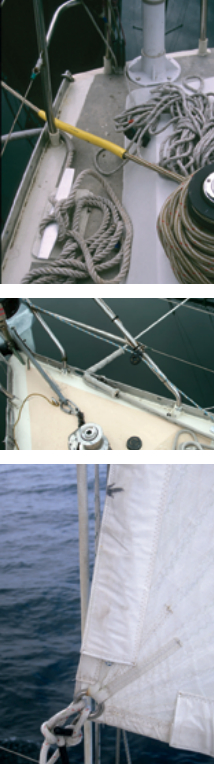 Short sections of reinforced water hose, top, are easy to coil and store and can protect docklines from chafe. Fire hose, center, stows readily in chain lockers or bags and makes excellent chafe protection for snubbers and rodes as well as for docklines. Sanitation or water hose, bottom, can be split and then fitted around shrouds to prevent sheet and sail chafe.