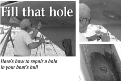Bob McPherson gauges the thickness of the laminate, at left, and marks the hole, below. The inside is ground to prepare for the fiberglass patch, bottom.