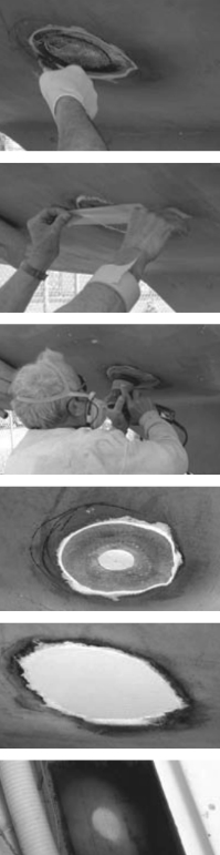 The outer section of the hole has been ground and tapered and is wetted out, top. The patch is taped and ground, second and third. The finished patch, shown from the outside of the hull, is prepared for painting, fourth and fifth. The finished patch from the inside, bottom.
