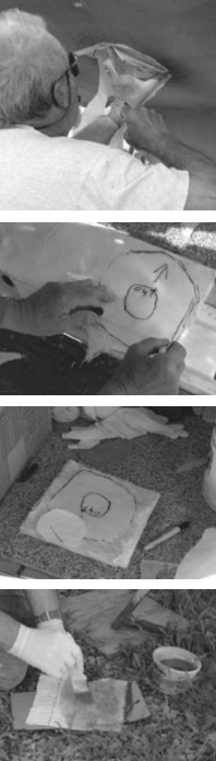 Bob makes the pattern for the patch, top. He cuts the fabric and lays out the patch material in readiness for wetting, middle photos. The laminate is wet out, bottom.