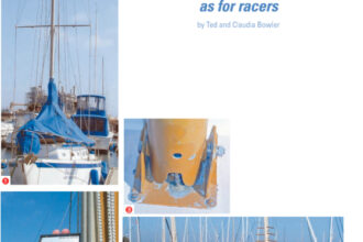 Horizontal spreaders or spreaders pointing downward are indications of problems (1). An inclinometer helps determine mast rake (2). A deck bracket allows some horizontal positioning of the mast base (3). Reposition gear to attain even trim (4).