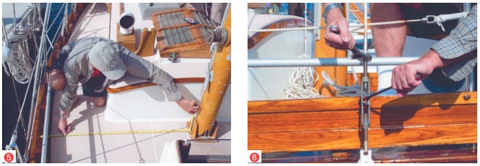 Center the mast base (5). Tighten or loosen turnbuckles one turn at a time (6).