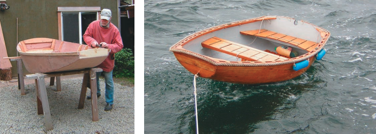 Richard built Phil Bolger’s Auray punt design, at left, but found that she was too heavy to be hauled aboard easily. He is currently making peace with his Black Fly dinghy, at right, whose good looks, he figures, help make up for her somewhat cranky nature.