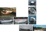 Whether seductive and curvaceous or sensible and utilitarian, dinghies are the essence of cruising. Richard’s current love is the 8-footer based on Plat Montfort’s Black Fly fabric-covered boat, at left. But he’s tried them all, from the infl atable and plastic models below to those on the facing page: the William Atkin Rinky Dink (top), a fendered plastic model, the Auray punt (shown under tow and with the ducks), and Danny Greene’s nesting dinghy, the Chameleon.