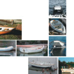 Whether seductive and curvaceous or sensible and utilitarian, dinghies are the essence of cruising. Richard’s current love is the 8-footer based on Plat Montfort’s Black Fly fabric-covered boat, at left. But he’s tried them all, from the infl atable and plastic models below to those on the facing page: the William Atkin Rinky Dink (top), a fendered plastic model, the Auray punt (shown under tow and with the ducks), and Danny Greene’s nesting dinghy, the Chameleon.