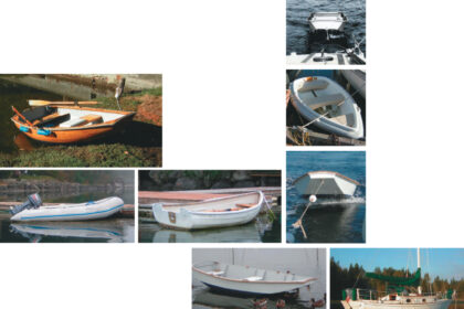 Whether seductive and curvaceous or sensible and utilitarian, dinghies are the essence of cruising. Richard’s current love is the 8-footer based on Plat Montfort’s Black Fly fabric-covered boat, at left. But he’s tried them all, from the infl atable and plastic models below to those on the facing page: the William Atkin Rinky Dink (top), a fendered plastic model, the Auray punt (shown under tow and with the ducks), and Danny Greene’s nesting dinghy, the Chameleon.