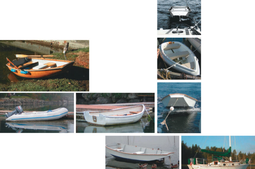 Whether seductive and curvaceous or sensible and utilitarian, dinghies are the essence of cruising. Richard’s current love is the 8-footer based on Plat Montfort’s Black Fly fabric-covered boat, at left. But he’s tried them all, from the infl atable and plastic models below to those on the facing page: the William Atkin Rinky Dink (top), a fendered plastic model, the Auray punt (shown under tow and with the ducks), and Danny Greene’s nesting dinghy, the Chameleon.