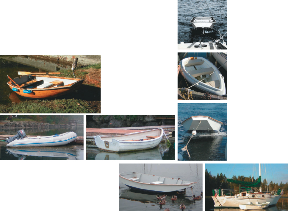 Whether seductive and curvaceous or sensible and utilitarian, dinghies are the essence of cruising. Richard’s current love is the 8-footer based on Plat Montfort’s Black Fly fabric-covered boat, at left. But he’s tried them all, from the infl atable and plastic models below to those on the facing page: the William Atkin Rinky Dink (top), a fendered plastic model, the Auray punt (shown under tow and with the ducks), and Danny Greene’s nesting dinghy, the Chameleon.