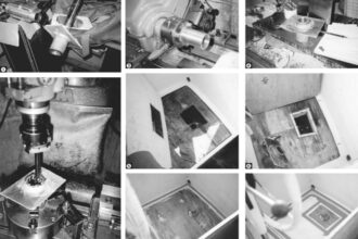 Reamer stuck in old bearing (1). Boring out the old bearing (2). Making the new bearing (3). Fitting the new bearing (4). Gaining access to wet plywood (5). Making the bearing support (6). New core installation (7). Putting the old floor back (8).