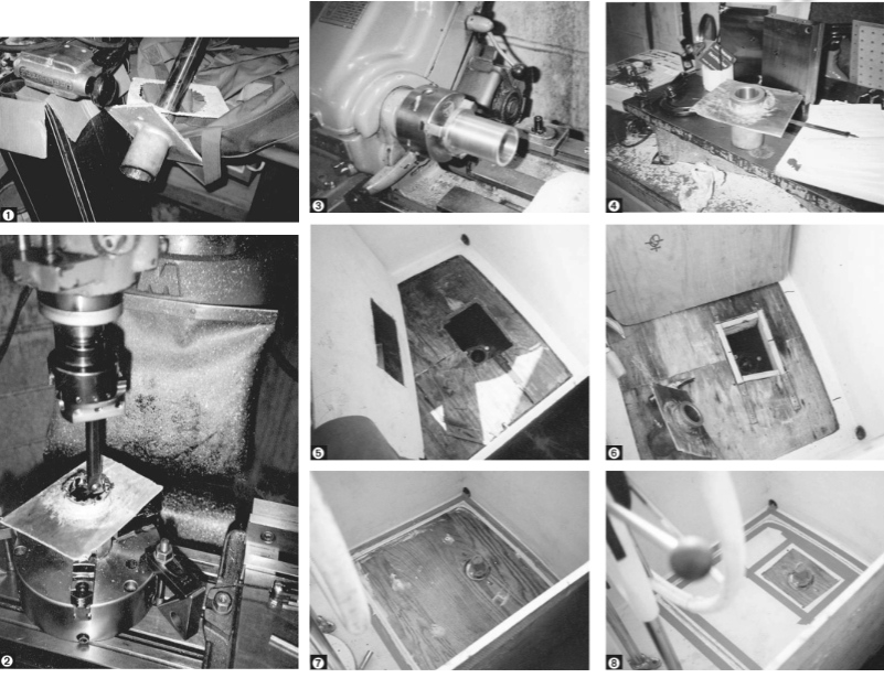 Reamer stuck in old bearing (1). Boring out the old bearing (2). Making the new bearing (3). Fitting the new bearing (4). Gaining access to wet plywood (5). Making the bearing support (6). New core installation (7). Putting the old floor back (8).