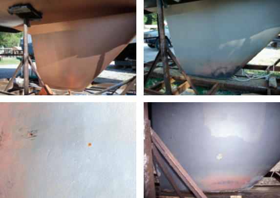 The keel coated with Interlux VC 17m Extra, top left. Results after the first season; note the lower leading edge, top right. A closer look at first-season results; note the localized pitting, bottom left. Results after the second season; note the lower leading edge and enlarged areas of pitting, bottom right.