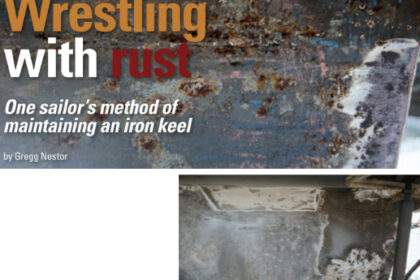 The rusted cast-iron keel, above. The port side during the grinding process, below.