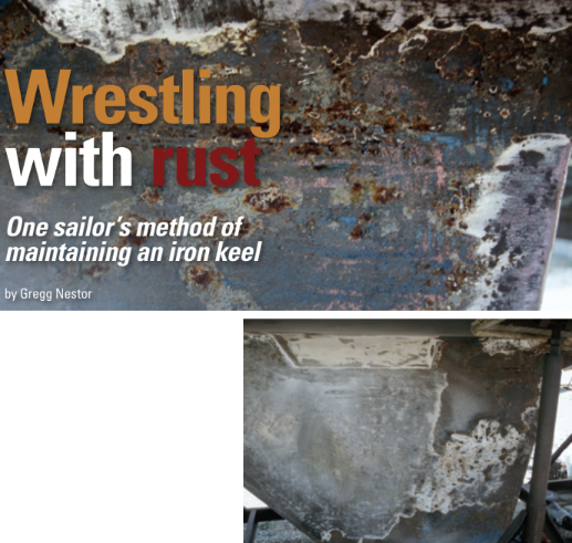 The rusted cast-iron keel, above. The port side during the grinding process, below.