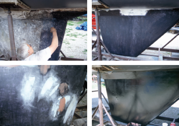 An application of the Rust-X, top left. Note the color change just above the brush, from milky white to blue-black. The keel coated with Rust-X, top right. Fairing the keel with epoxy resin/filler, bottom left. The keel coated with Interlux VC Tar, bottom right.