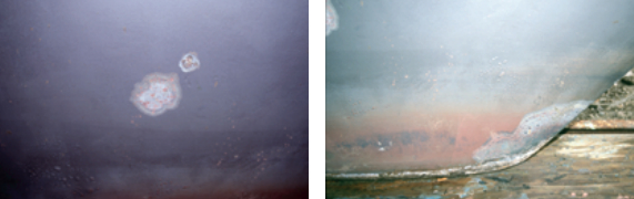 A closer look at second-season results, with enlarged areas of pitting, at right. More second-season results: the lower leading edge is devoid of protective coatings, exposing bare cast iron, at far right.