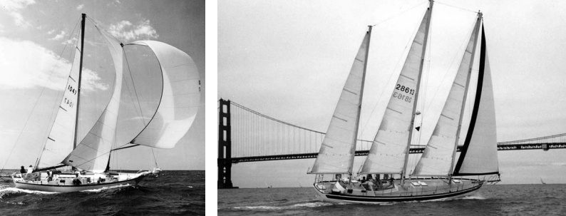 A huge fisherman was carried on the 33-foot Ingenue when racing, at left, helping L. A. “Pokey” Wheeler, win more than his share of prizes. Pokey is credited with the creation of the Bermudan schooner rig. The tern schooner Millenium Falcon, at right.