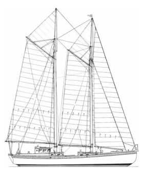 Albatross, a knockabout schooner, shows the tall spars necessary to spread adequate sail area on the rig.