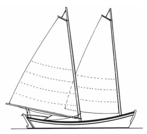 A Block Island cowhorn, rigged as a cat schooner. Note the very deep reefs.