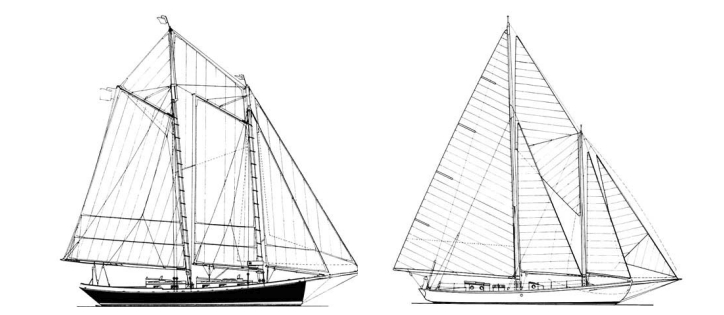 The Sophia Christina, at left, is a typical gaff schooner and was styled after the old Boston pilot schooner, Lillie. Nina, at right, a 1928 staysail schooner, won the Bermuda Race in 1928 and again 40 years later in 1968.