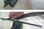 Don’t have a scraper aboard? Don’t despair. You can make an excellent one using only a flat file and a hacksaw blade, top photo. Use the file to square off the top edge of the saw blade, second photo. The trick is in the third photo: use the tang of the file and rub it firmly along both top edges at a 30-degree angle to create a fine burr. Does this work? The fourth photo tells the story.