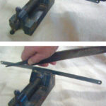 Don’t have a scraper aboard? Don’t despair. You can make an excellent one using only a flat file and a hacksaw blade, top photo. Use the file to square off the top edge of the saw blade, second photo. The trick is in the third photo: use the tang of the file and rub it firmly along both top edges at a 30-degree angle to create a fine burr. Does this work? The fourth photo tells the story.