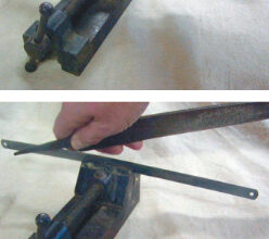 Don’t have a scraper aboard? Don’t despair. You can make an excellent one using only a flat file and a hacksaw blade, top photo. Use the file to square off the top edge of the saw blade, second photo. The trick is in the third photo: use the tang of the file and rub it firmly along both top edges at a 30-degree angle to create a fine burr. Does this work? The fourth photo tells the story.