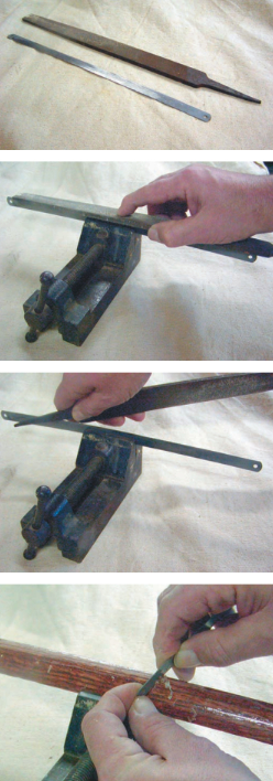 Don’t have a scraper aboard? Don’t despair. You can make an excellent one using only a flat file and a hacksaw blade, top photo. Use the file to square off the top edge of the saw blade, second photo. The trick is in the third photo: use the tang of the file and rub it firmly along both top edges at a 30-degree angle to create a fine burr. Does this work? The fourth photo tells the story.