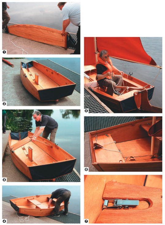 Assembly goes quickly. Set the “case” down (1), open it (2), and add seats to brace it (3, 4). Detail of the completed dinghy (5, 6). Wing nuts and over-center latches (7) hold the parts together without the need for a toolkit.