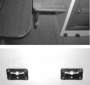 The jumpseat brackets (bottom photo) make it possible to install an extra seat in a hurry. Don slips a seat with its folding support into the brackets, and one more person can fit comfortably at the cabin table.