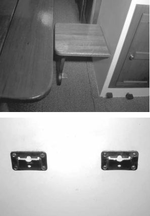 The jumpseat brackets (bottom photo) make it possible to install an extra seat in a hurry. Don slips a seat with its folding support into the brackets, and one more person can fit comfortably at the cabin table.