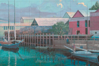 This is a partial view of a mural on Main Street in Napa, California, which evokes memories of the harbor as it was in Napa in the 1800s. The mural is signed by Steve Della Maggiora and Susan Clifford and is dated the summer of 1994.